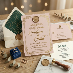 Luxury customized wedding card with gold foil and ivory envelope