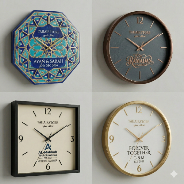 Corporate wall clock with Al-Makkah Tech Solutions logo and square frame