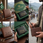 Exclusive black leather wallet set with engraved name and black metal pen for men in Pakistan