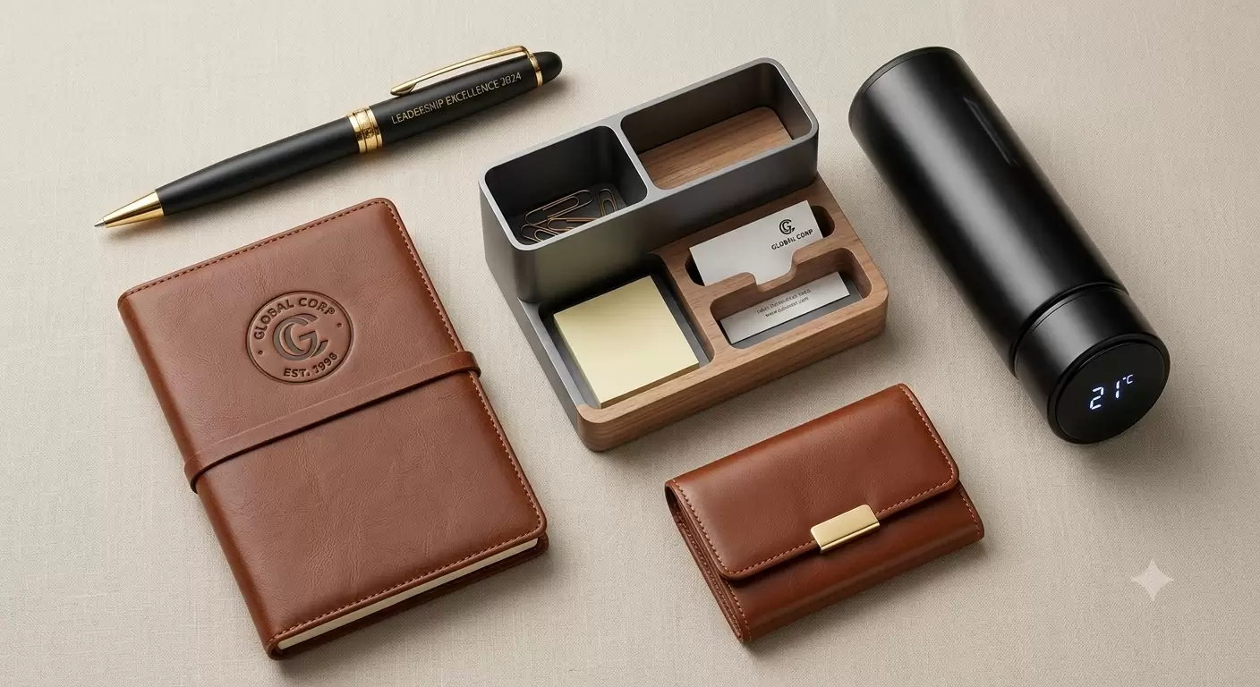 Premium tech-luxe corporate gift setup with smart desk organizer, executive leather notebook, engraved metal pen, and smart LED water bottle on wooden desk