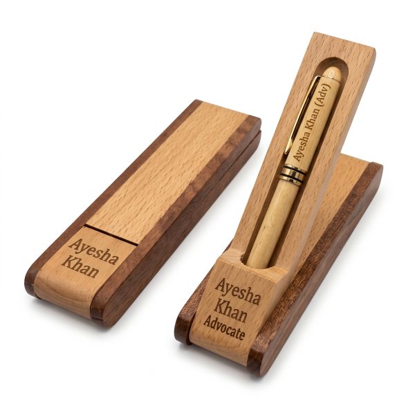 Customized wooden pen with folding stand engraved with name and designation for advocate and business owner