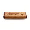 Closed natural wood desk organizer box with laser engraved name and custom corporate logo