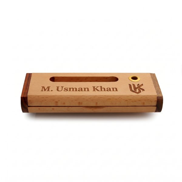 Closed natural wood desk organizer box with laser engraved name and custom corporate logo