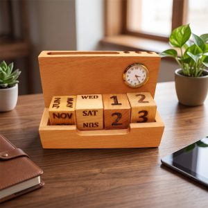 Wooden desk organizer with forever calendar