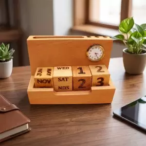 Wooden desk organizer with forever calendar