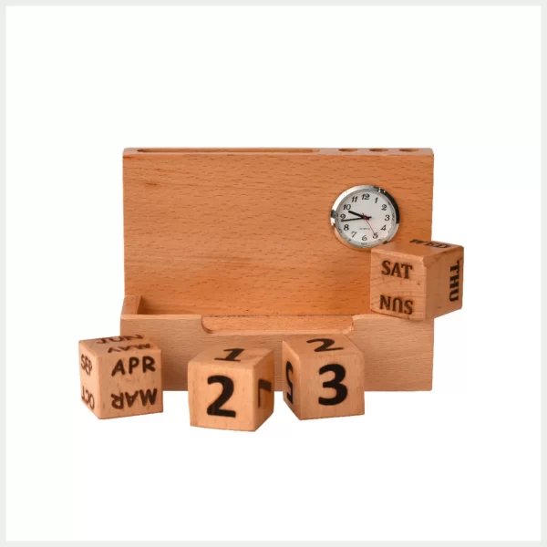 Wooden desk organizer with mobile stand and analog clock