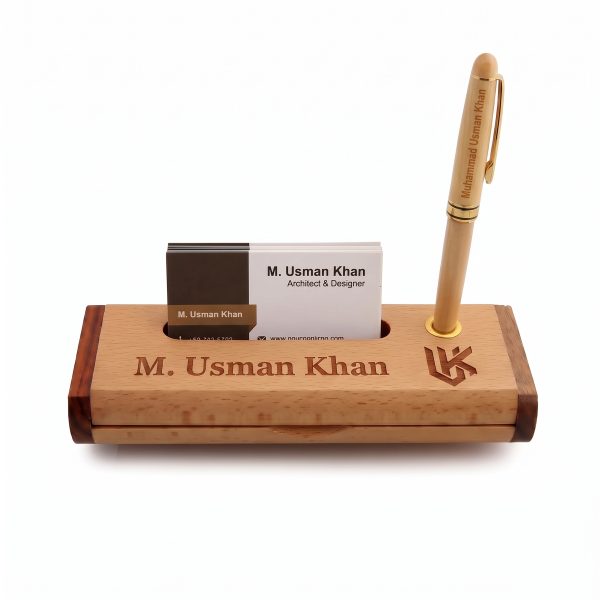Personalized wooden desk organizer with visiting card holder and standing engraved pen